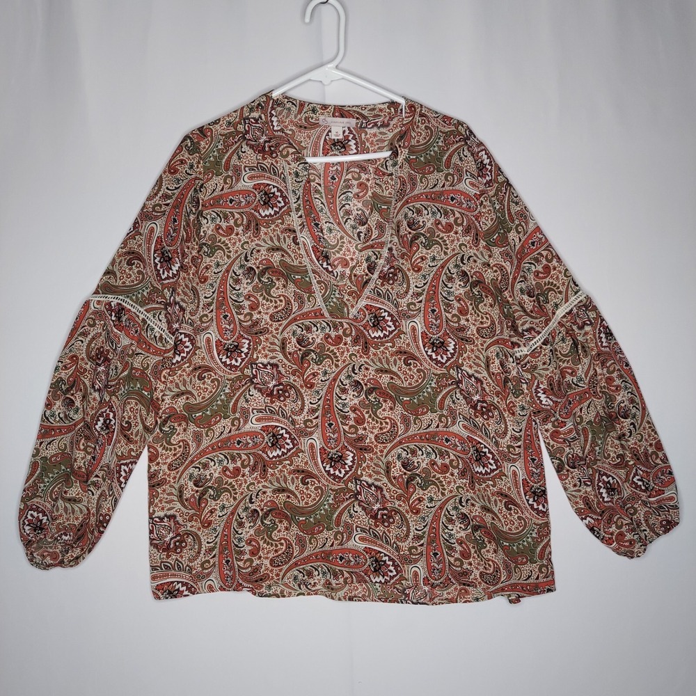 Dressbarn Peasant Top Women XL Orange Paisley Chiffon Bishop Puff Old Money